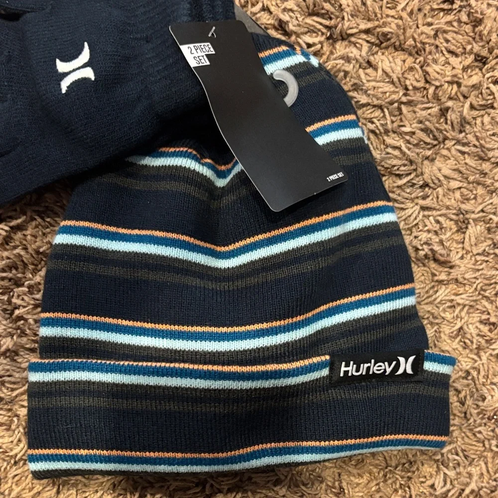 Hurley Navy and Orange Striped Beanie and Gloves